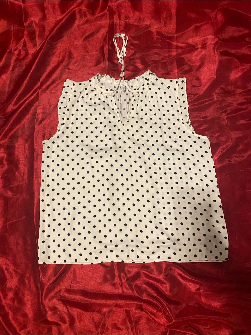 White Polka Dot Sleeveless Tie-Neck Top